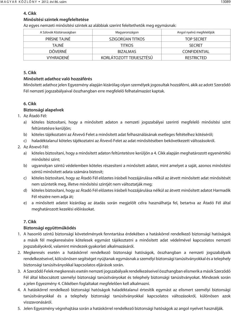 TAJNÉ SZIGORÚAN TITKOS TOP SECRET TAJNÉ TITKOS SECRET DÔVERNÉ BIZALMAS CONFIDENTIAL VYHRADENÉ KORLÁTOZOTT TERJESZTÉSÛ RESTRICTED 5.