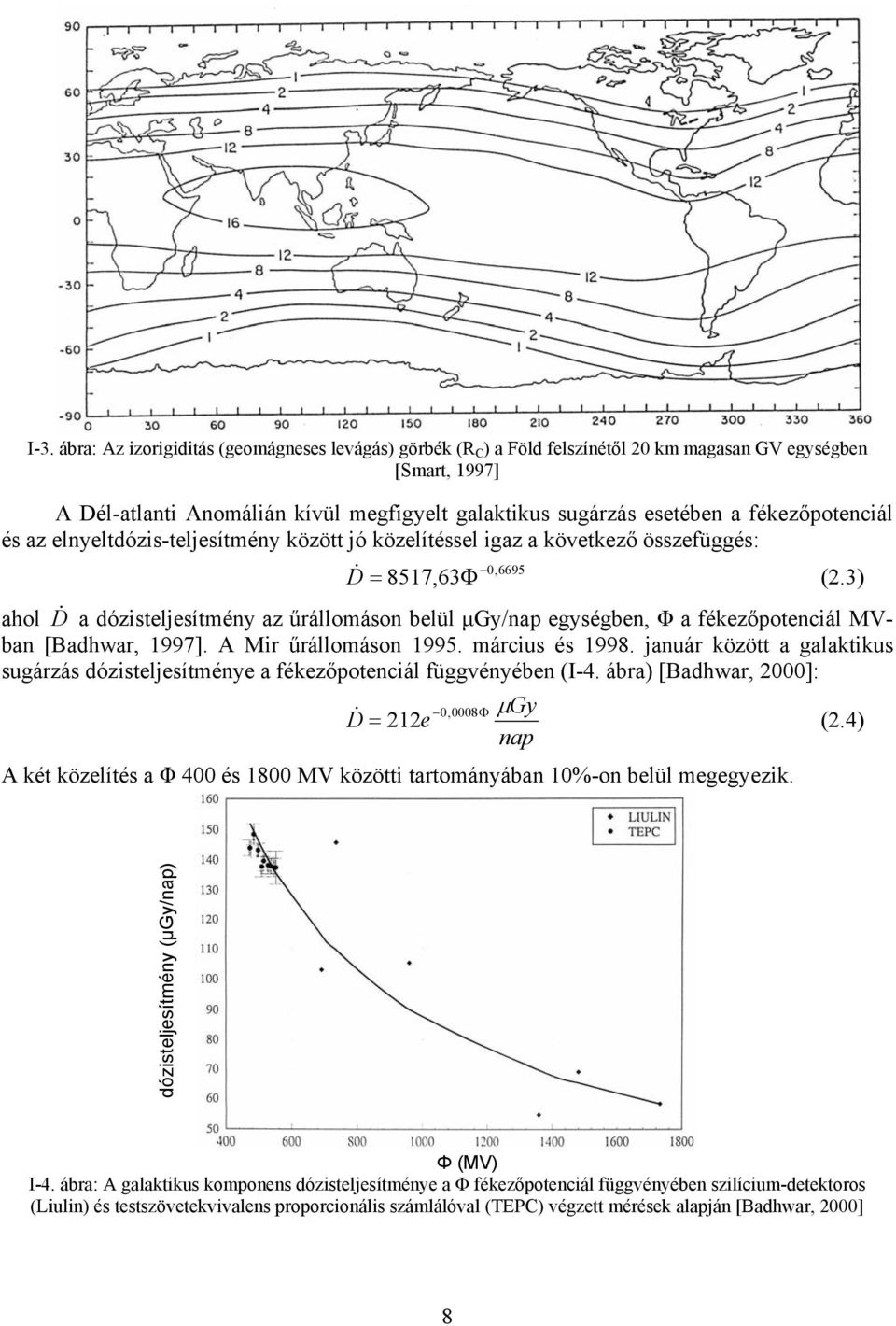 3) ahol D & a dózisteljesítmény az űrállomáson belül µgy/nap egységben, Φ a fékezőpotenciál MVban [Badhwar, 1997]. A Mir űrállomáson 1995. március és 1998.
