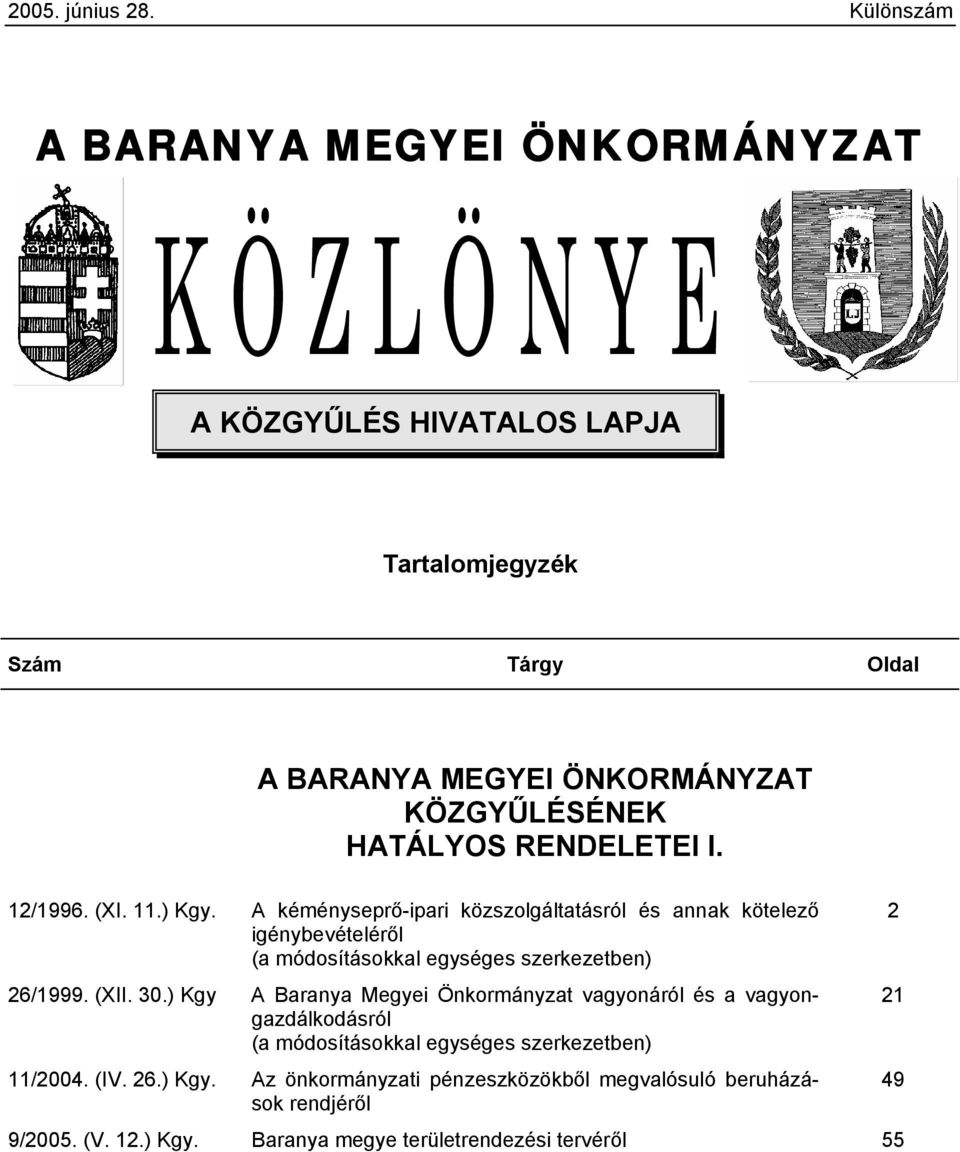 HATÁLYOS RENDELETEI I. 12/1996. (XI. 11.) Kgy.