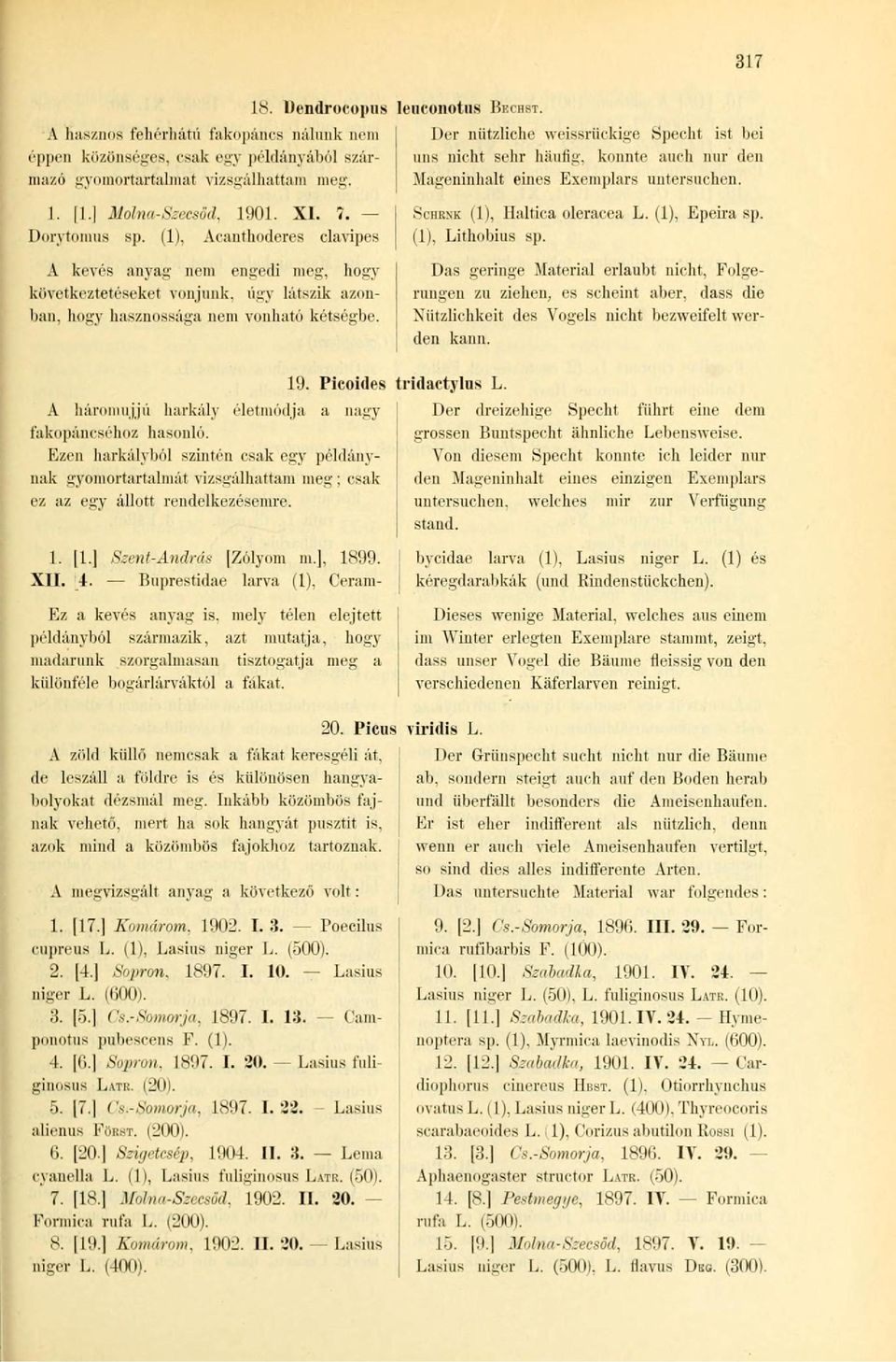 Mageninhalt eines Exemplars uns nicht sehr häufig, konnte auch nur den untersuchen. 1. Molna-Szecsöd, 1901. XI. 7. Dorytomus sp.