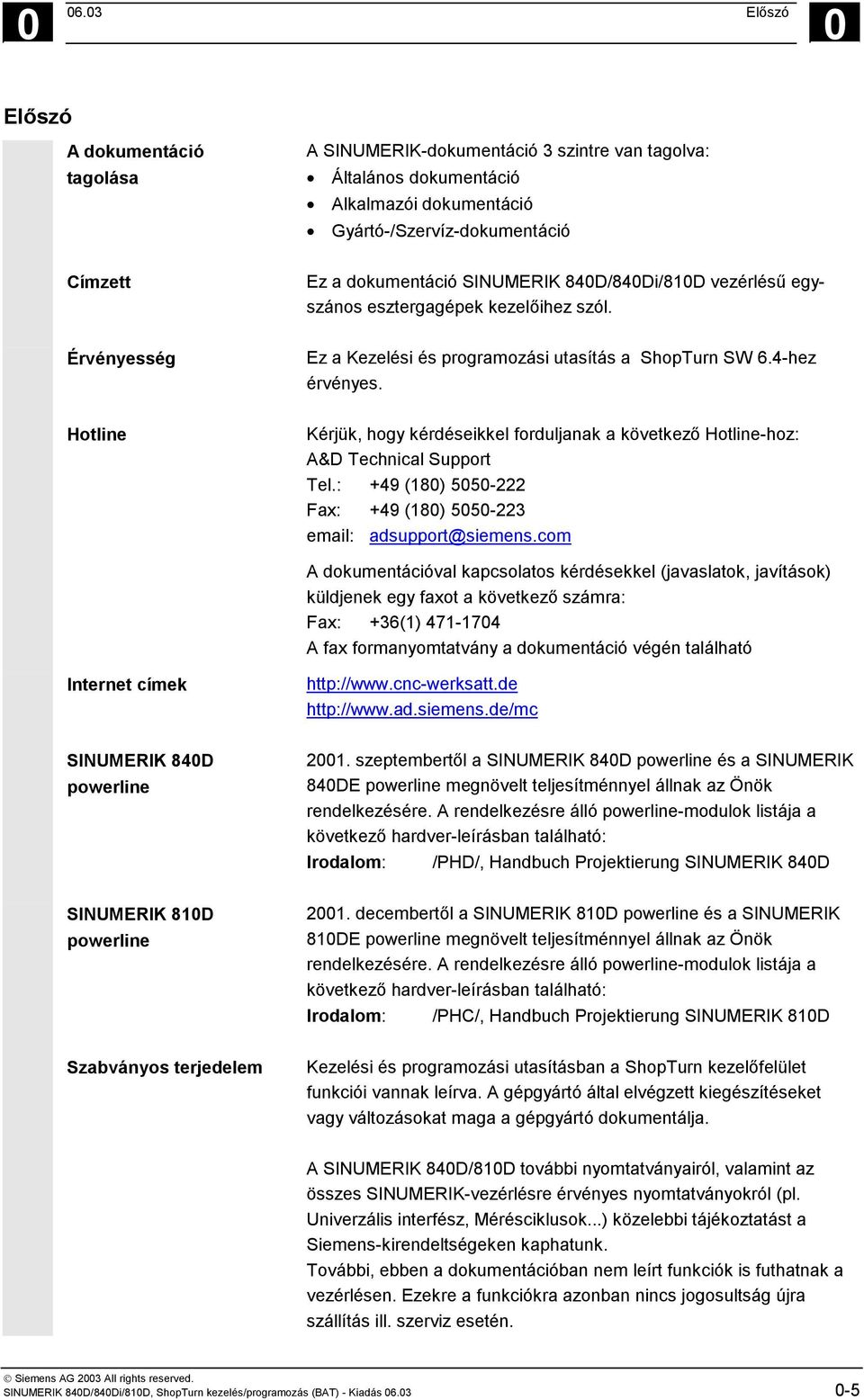 Hotline Kérjük, hogy kérdéseikkel forduljanak a következő Hotline-hoz: A&D Technical Support Tel.: +49 (180) 5050-222 Fax: +49 (180) 5050-223 email: adsupport@siemens.