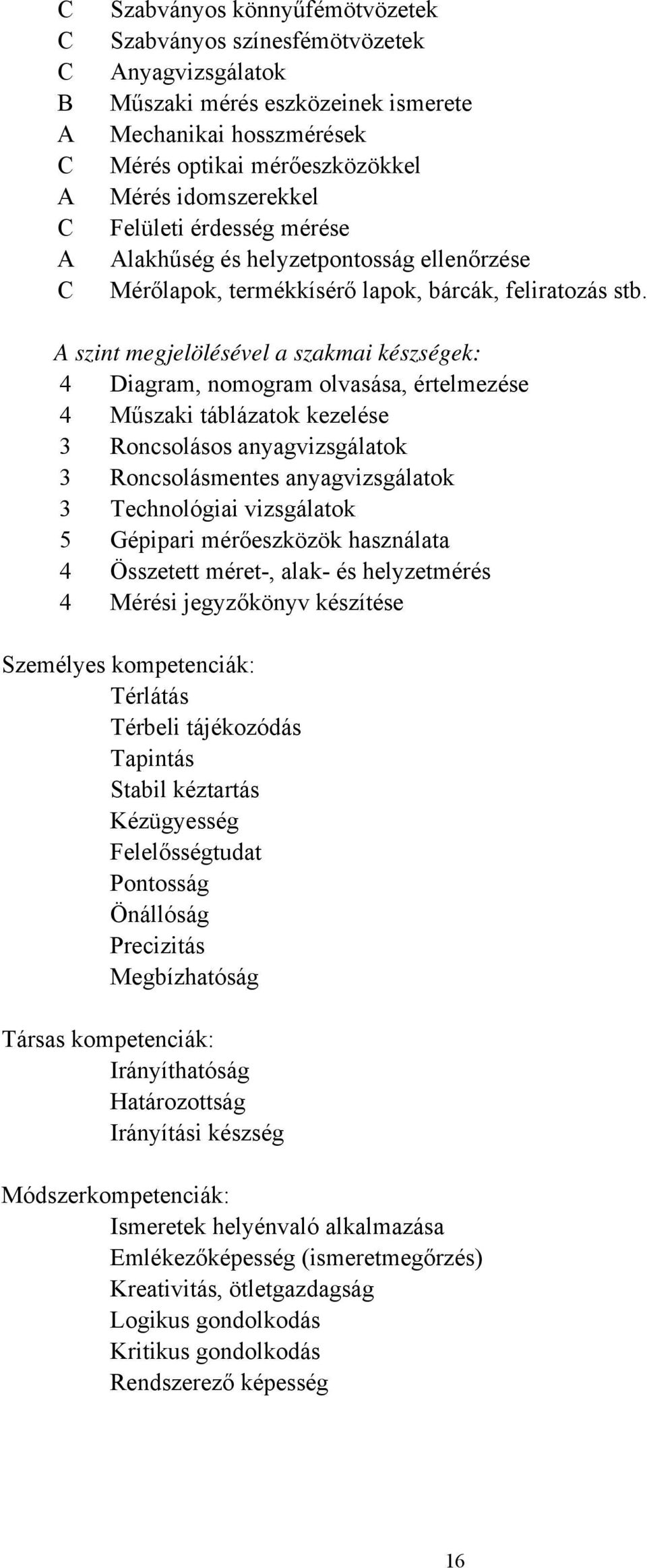 A szint megjelölésével a szakmai készségek: 4 Diagram, nomogram olvasása, értelmezése 4 Műszaki táblázatok kezelése 3 Roncsolásos anyagvizsgálatok 3 Roncsolásmentes anyagvizsgálatok 3 Technológiai