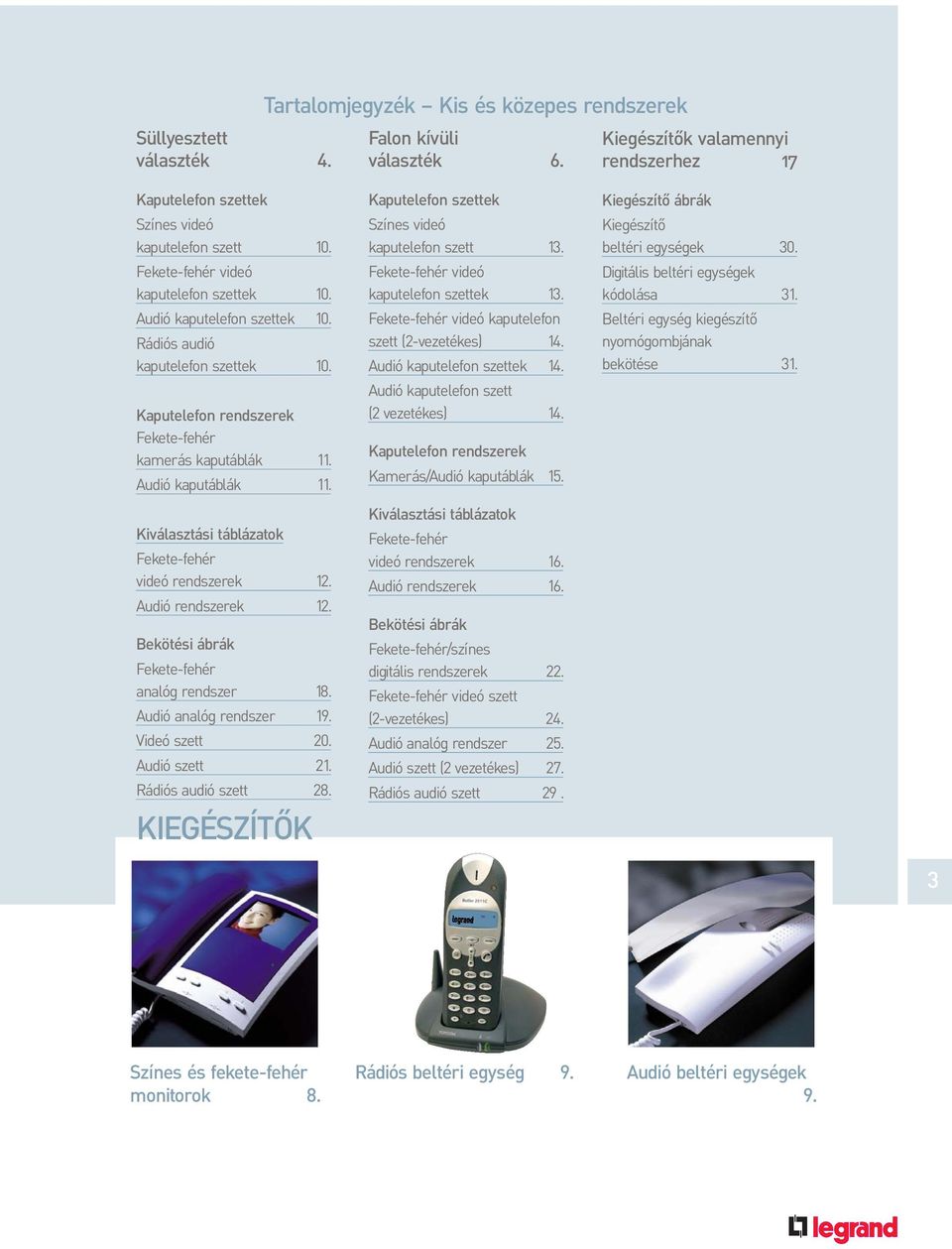 Kiválasztási táblázatok Fekete-fehér videó rendszerek. Audió rendszerek. Bekötési ábrák Fekete-fehér analóg rendszer 8. Audió analóg rendszer 9. ideó szett 0. Audió szett. Rádiós audió szett 8.