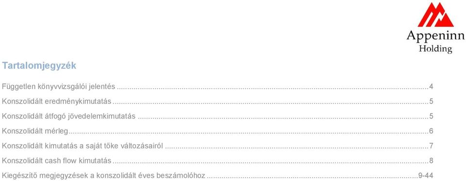 .. 5 Konszolidált mérleg... 6 Konszolidált kimutatás a saját tőke változásairól.
