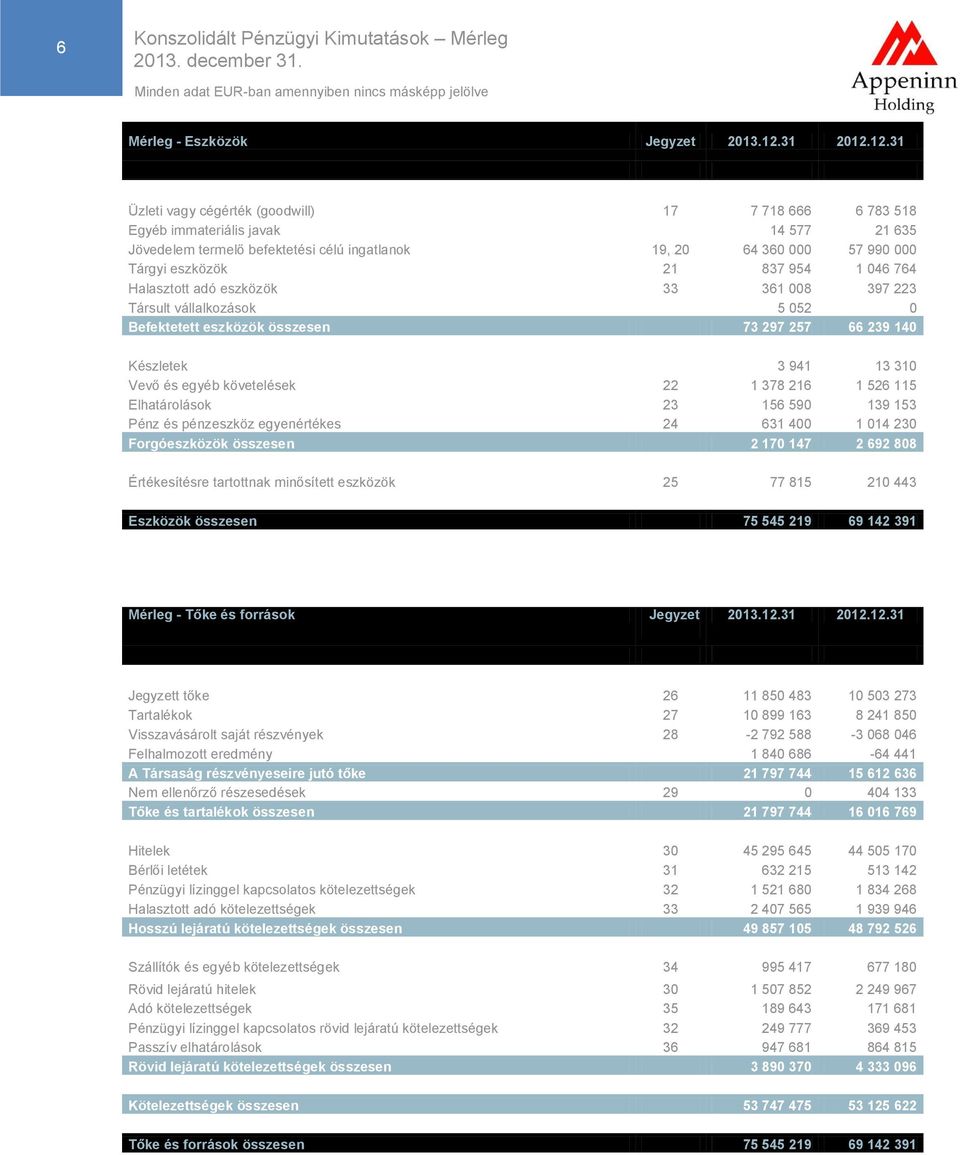 12.31 Üzleti vagy cégérték (goodwill) 17 7 718 666 6 783 518 Egyéb immateriális javak 14 577 21 635 Jövedelem termelő befektetési célú ingatlanok 19, 20 64 360 000 57 990 000 Tárgyi eszközök 21 837