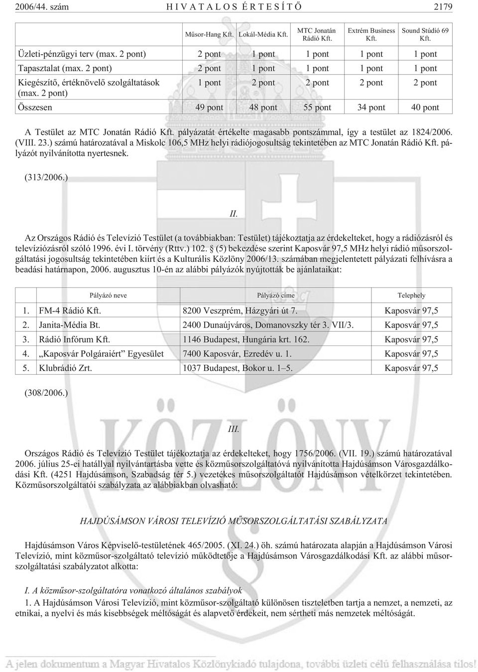 2 pont) Összesen 49 pont 48 pont 55 pont 34 pont 40 pont A Testület az MTC Jonatán Rádió Kft. pályázatát értékelte magasabb pontszámmal, így a testület az 1824/2006. (VIII. 23.