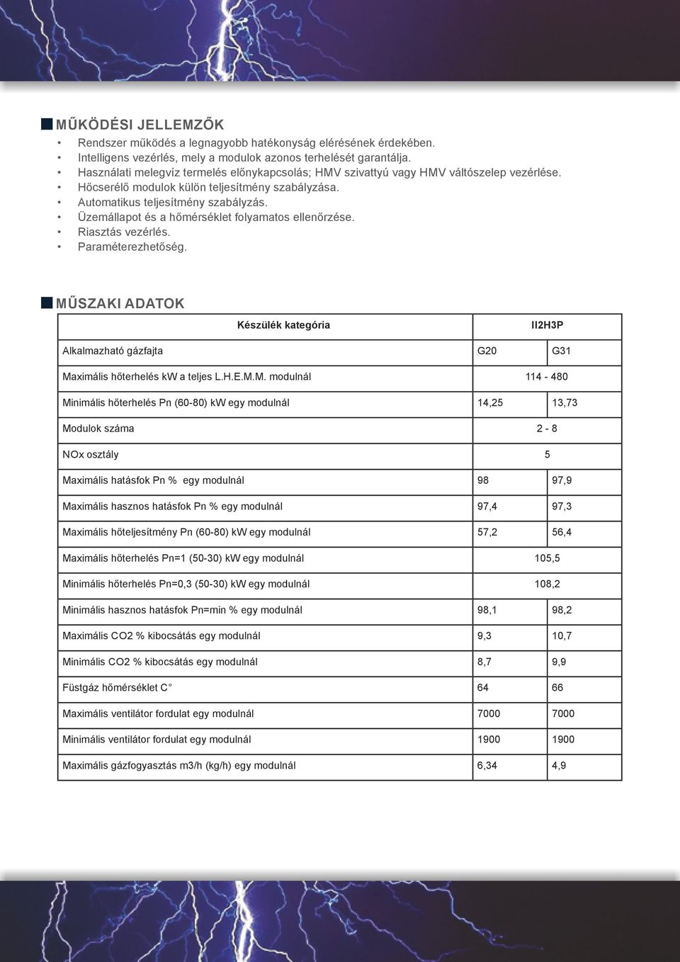 Üzemállapot és a hőmérséklet folyamatos ellenőrzése. Riasztás vezérlés. Paraméterezhetőség. MŰSZAKI ADATOK Készülék kategória II2H3P Alkalmazható gázfajta G20 G31 Maximális hőterhelés kw a teljes L.H.E.