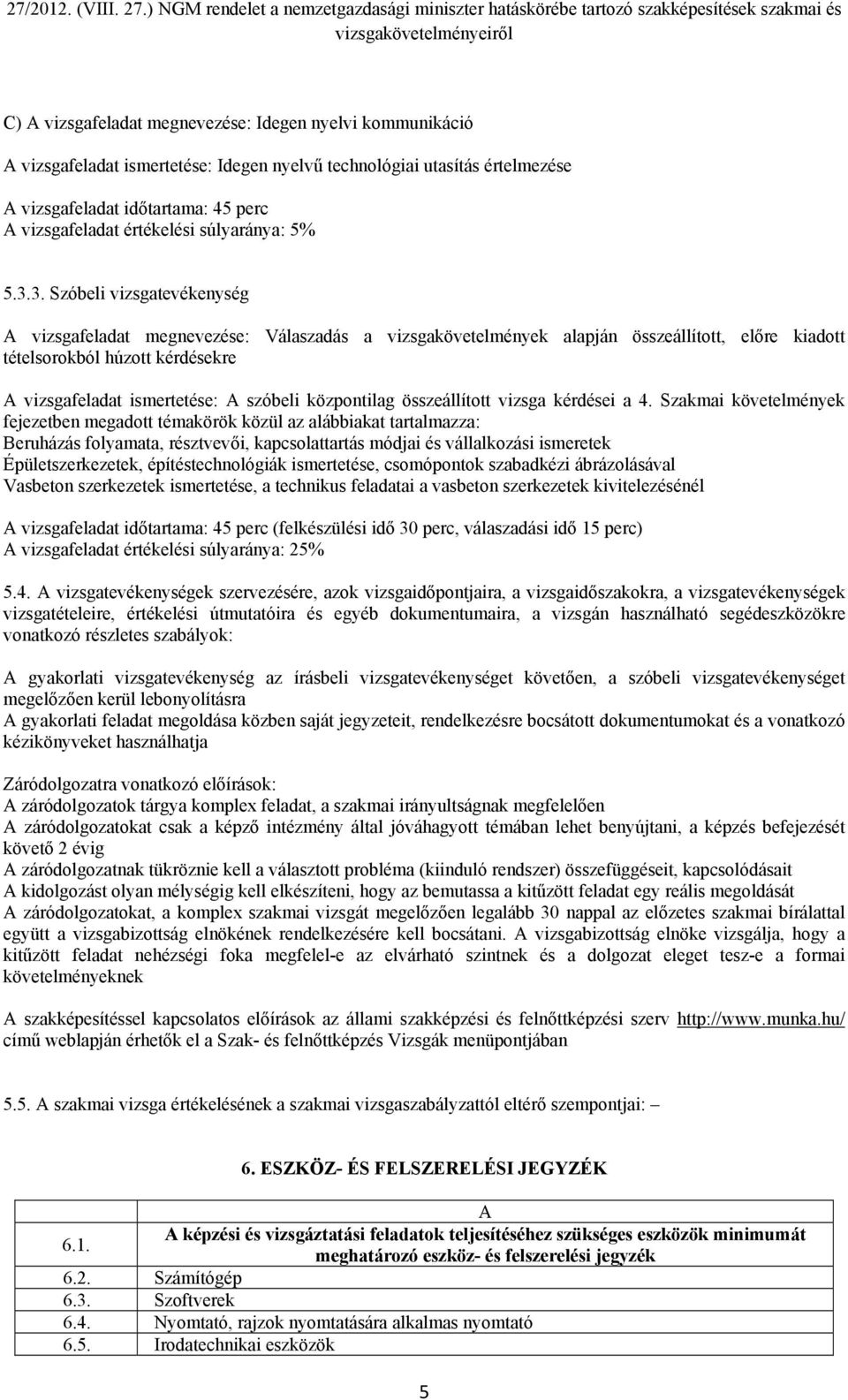 3. Szóbeli vizsgatevékenység A vizsgafeladat megnevezése: Válaszadás a vizsgakövetelmények alapján összeállított, előre kiadott tételsorokból húzott kérdésekre A vizsgafeladat ismertetése: A szóbeli