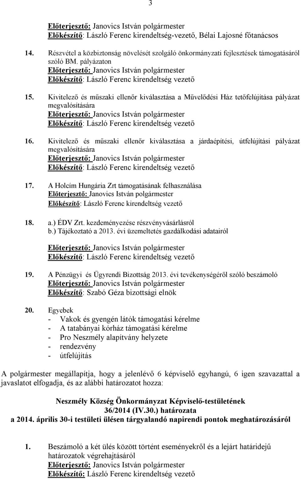 Kivitelező és műszaki ellenőr kiválasztása a járdaépítési, útfelújítási pályázat megvalósítására 17. A Holcím Hungária Zrt támogatásának felhasználása 18. a.) ÉDV Zrt.
