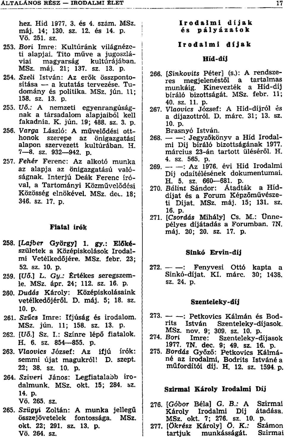 sz. 3. p. 256. Vorfifa László: A művelődési otthonok szerepe az önigazgatási alapon szervezett kultúrában. H. 7 S. sz. 932 942. p. 257.
