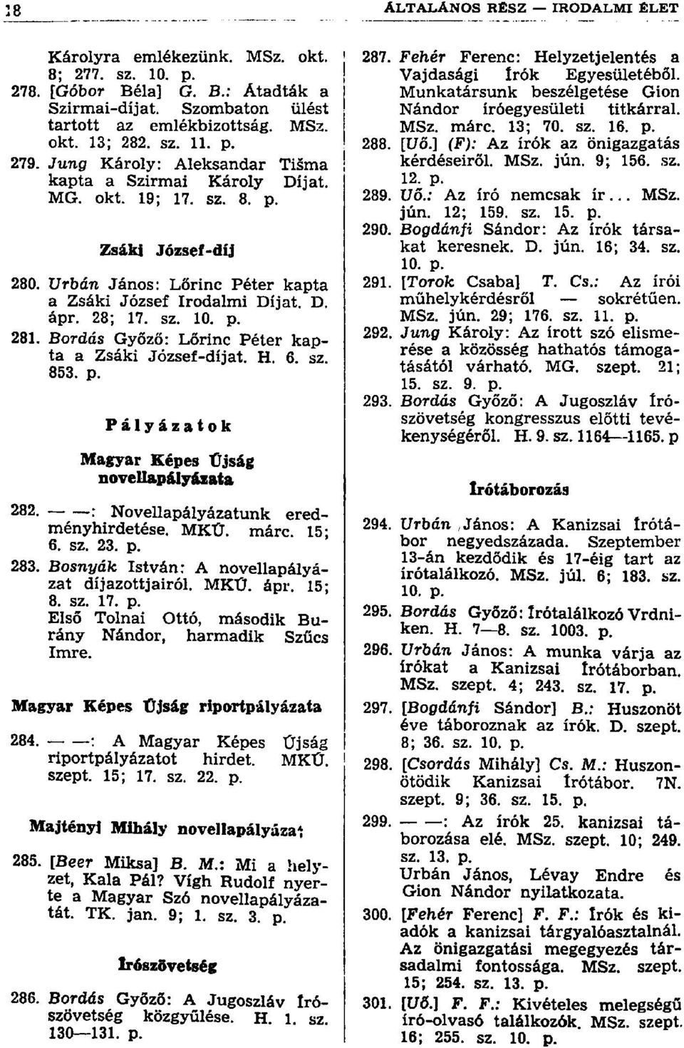p. 281. Bordás Győző: Lőrinc Péter kapta a Zsáki József-díjat. H. 6. sz. 853. p. Pályázatok Magyar Képes Űjság novellapályázata 282. : Novellapályázatunk eredményhirdetése. MKŰ. márc. 15; 6. sz. 23.