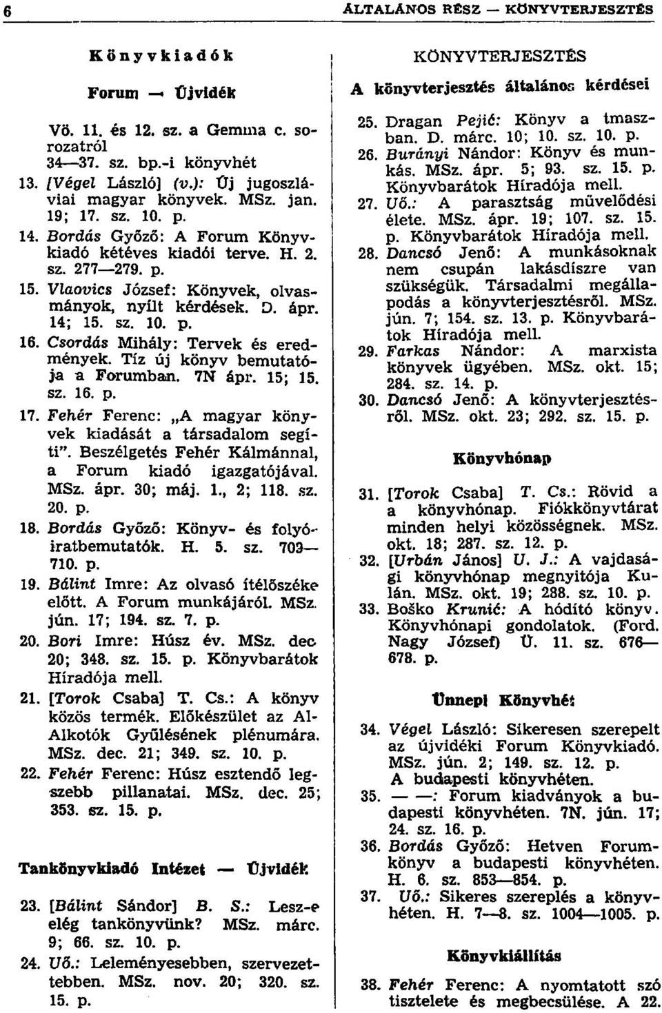 Csordás Mihály: Tervek és eredmények. Tíz új könyv bemutatója a Forumban. 7N ápr. 15; 15. sz. 16. p. 17. Fehér Ferenc: A magyar könyvek kiadását a társadalom segíti".