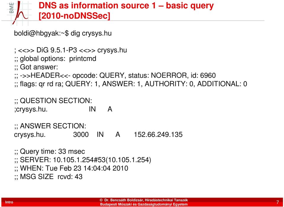 QUERY: 1, ANSWER: 1, AUTHORITY: 0, ADDITIONAL: 0 ;; QUESTION SECTION: ;crysys.hu. IN A ;; ANSWER SECTION: crysys.hu. 3000 IN A 152.