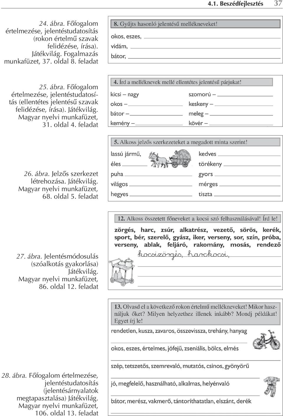 ábra. Jelzős szerkezet létrehozása. Játékvilág. Magyar nyelvi munkafüzet, 68. oldal 5. feladat 27. ábra. Jelentésmódosulás (szóalkotás gyakorlása) Játékvilág.
