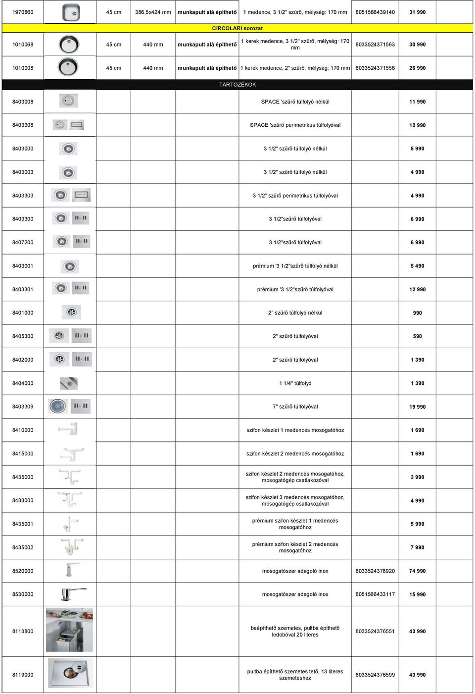 11 990 8403308 SPACE 'szűrő perimetrikus túlfolyóval 12 990 8403000 3 1/2" szűrő túlfolyó nélkül 5 990 8403003 3 1/2" szűrő túlfolyó nélkül 4 990 8403303 3 1/2" szűrő perimetrikus túlfolyóval 4 990