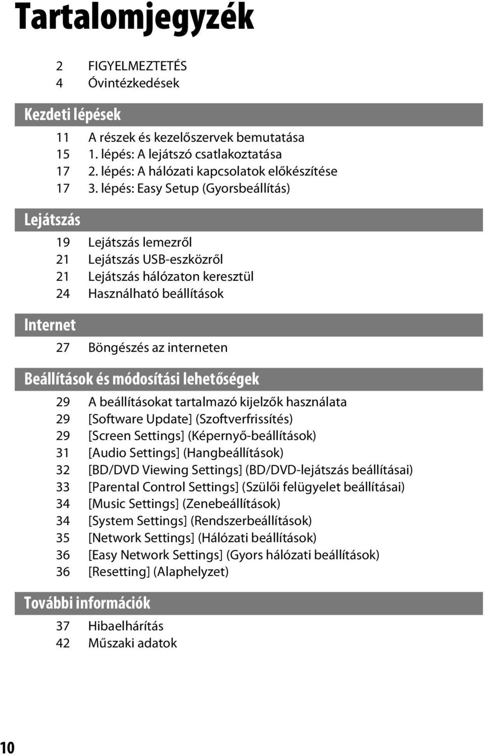 lépés: Easy Setup (Gyorsbeállítás) 19 Lejátszás lemezről 21 Lejátszás USB-eszközről 21 Lejátszás hálózaton keresztül 24 Használható beállítások 27 Böngészés az interneten Beállítások és módosítási