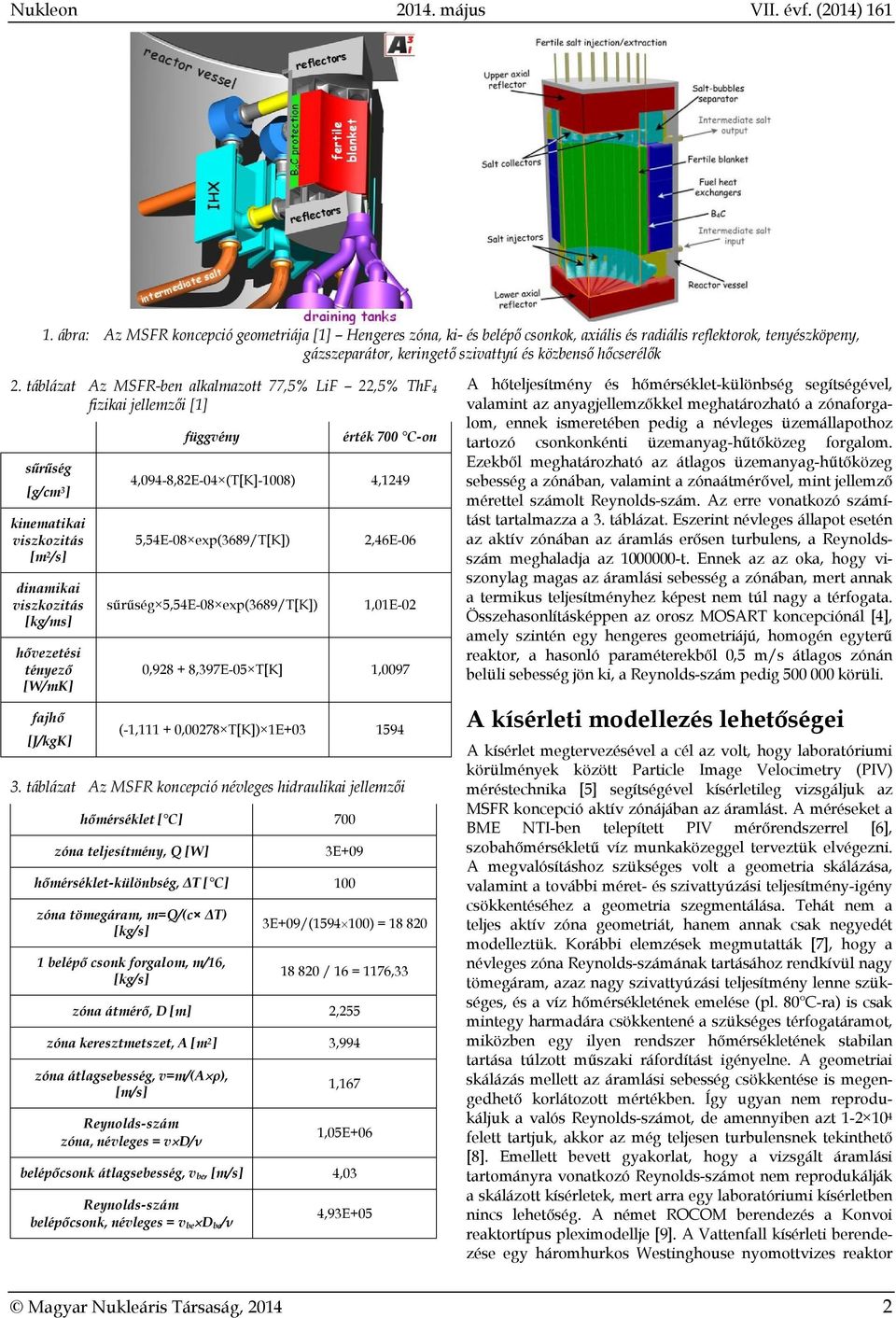 táblázat Az MSFR-ben alkalmazott 77,5% LiF 22,5% ThF 4 fizikai jellemzői [] sűrűség [g/cm 3 ] kinematikai viszkozitás [m 2 /s] dinamikai viszkozitás [kg/ms] hővezetési tényező [W/mK] fajhő [J/kgK]