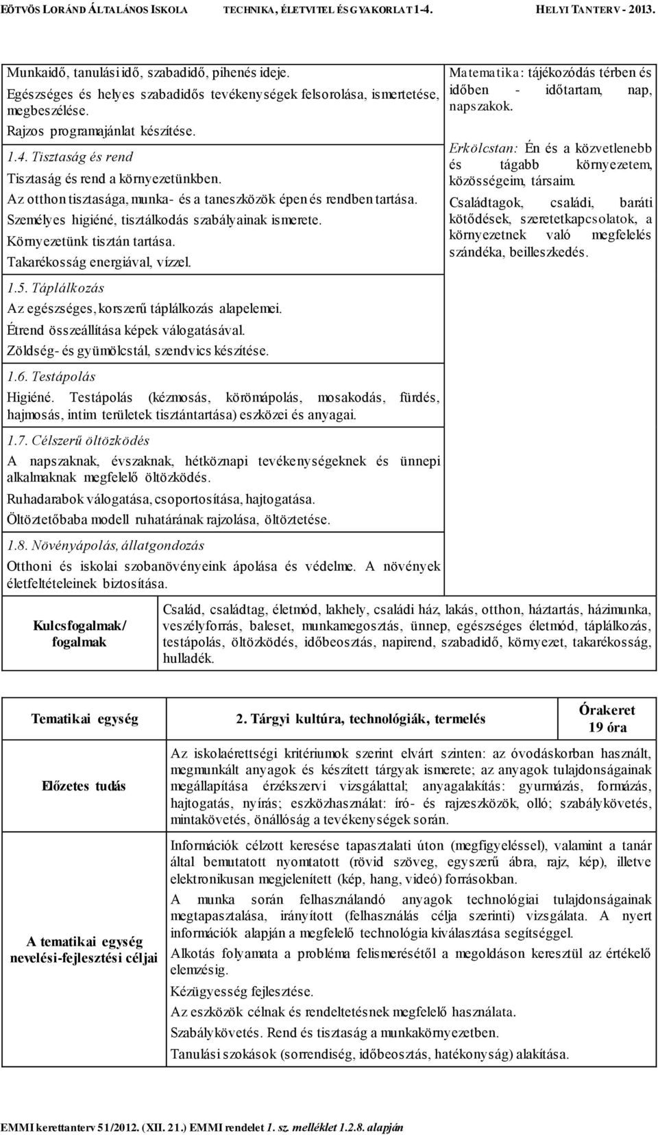 Környezetünk tisztán tartása. Takarékosság energiával, vízzel. 1.5. Táplálkozás Az egészséges, korszerű táplálkozás alapelemei. Étrend összeállítása képek válogatásával.