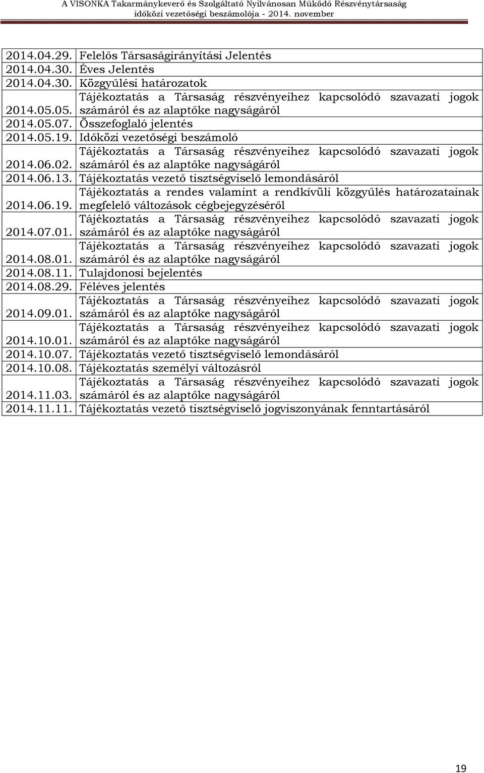 Tájékoztatás vezető tisztségviselő lemondásáról Tájékoztatás a rendes valamint a rendkívüli közgyűlés határozatainak 2014.06.19. megfelelő változások cégbejegyzéséről 2014.07.01. számáról és az alaptőke nagyságáról 2014.