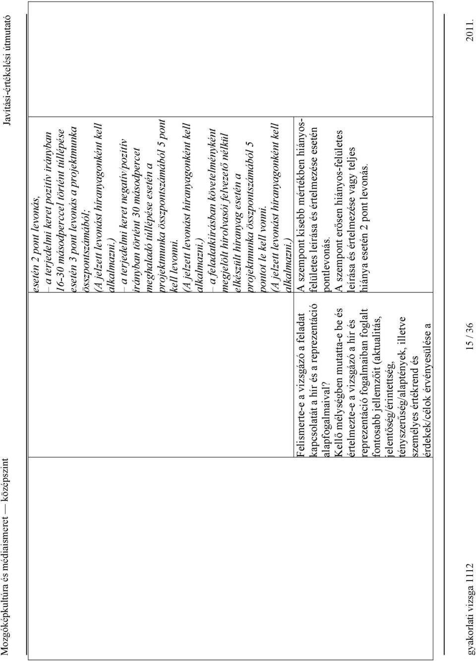 személyes értékrend és érdekek/célok érvényesülése a esetén levonás, a terjedelmi keret pozitív irányban 16-30 másodperccel történt túllépése esetén 3 pont levonás a projektmunka összpontszámából; (A