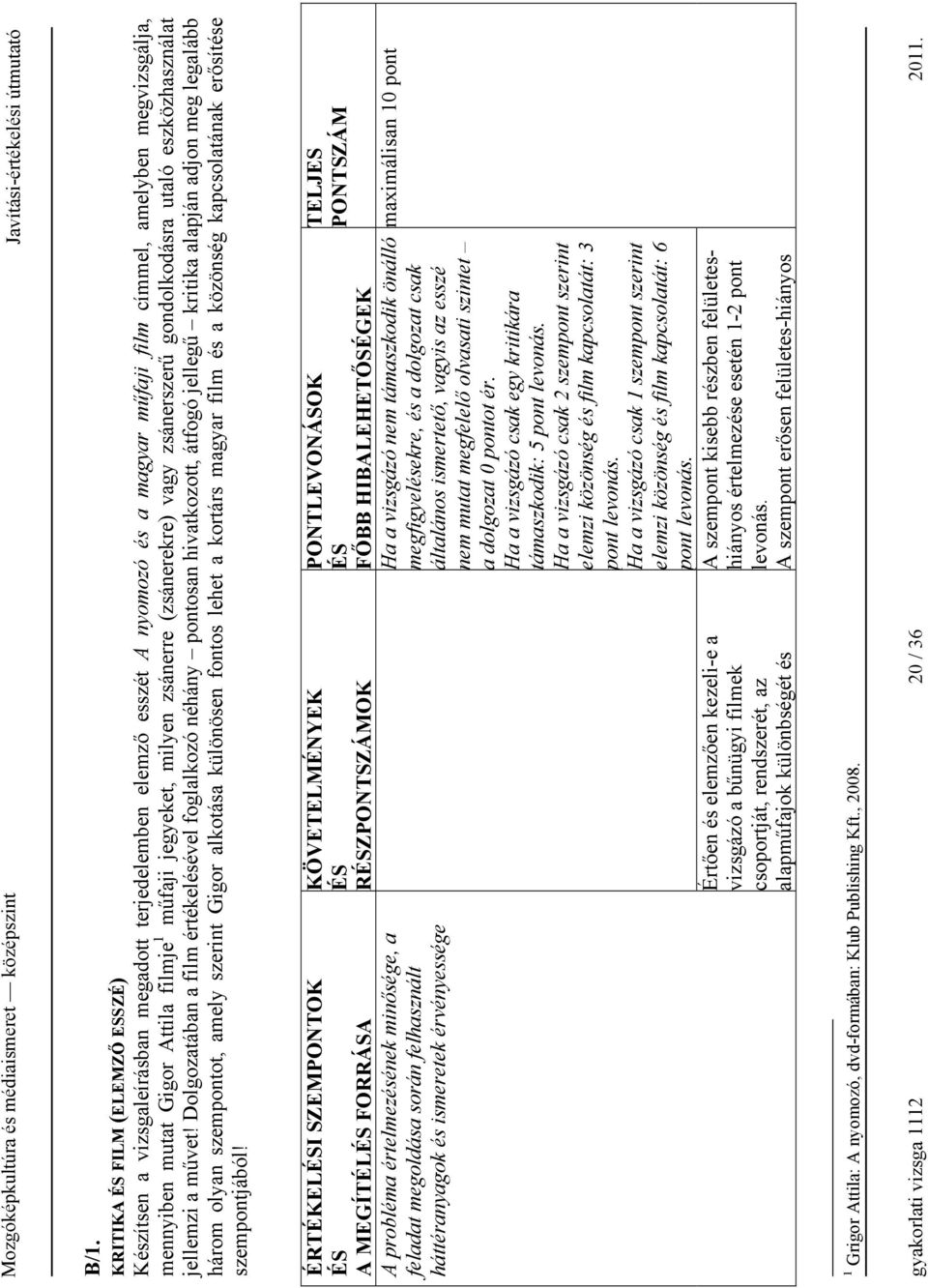 Dolgozatában a film értékelésével foglalkozó néhány pontosan hivatkozott, átfogó jellegű kritika alapján adjon meg legalább három olyan szempontot, amely szerint Gigor alkotása különösen fontos lehet