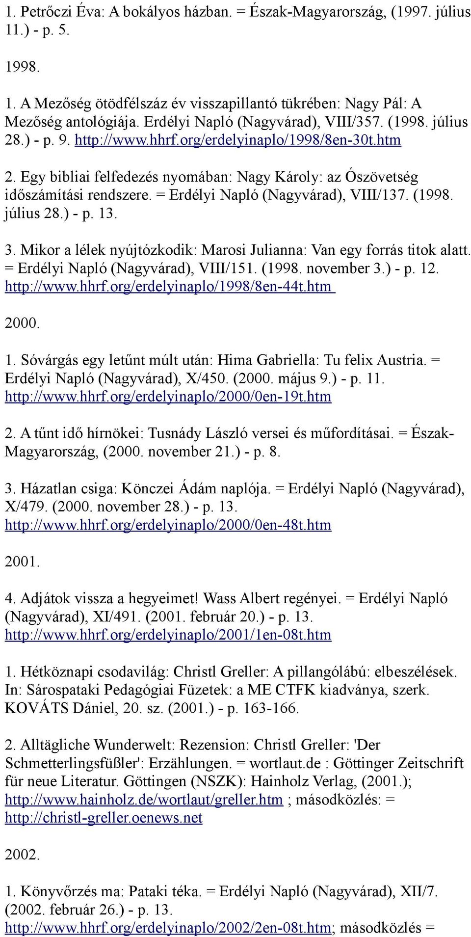 = Erdélyi Napló (Nagyvárad), VIII/137. (1998. július 28.) - p. 13. 3. Mikor a lélek nyújtózkodik: Marosi Julianna: Van egy forrás titok alatt. = Erdélyi Napló (Nagyvárad), VIII/151. (1998. november 3.