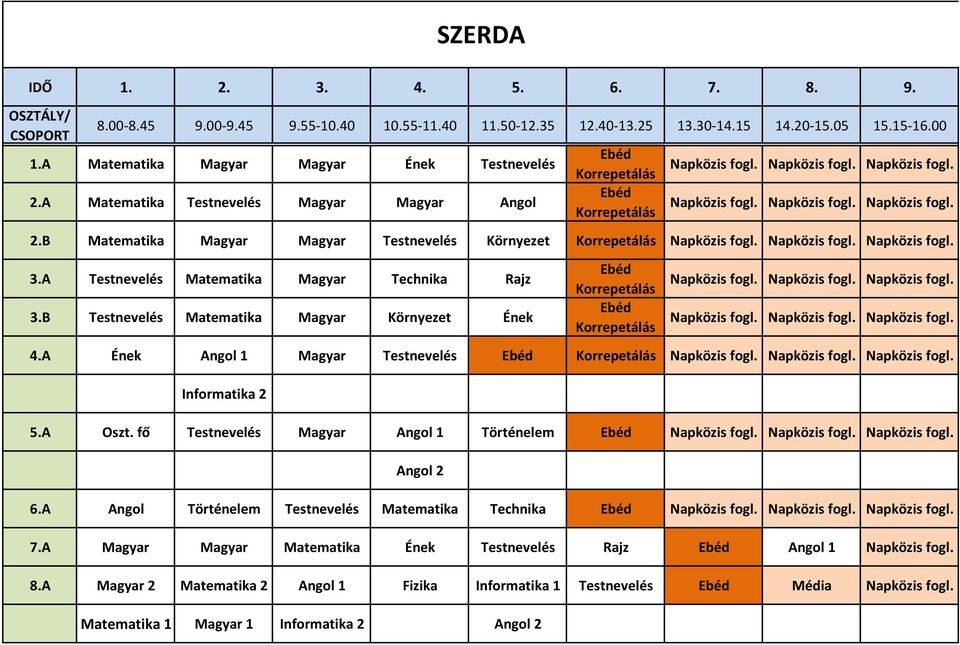 A Ének Angol 1 Magyar Testnevelés Informatika 2 5.A Oszt. fő Testnevelés Magyar Angol 1 Történelem 6.