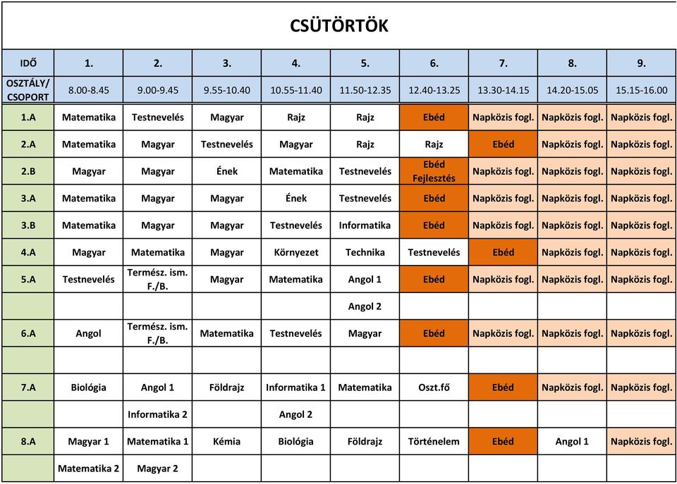 Napközis fogl. 5.A Testnevelés 6.A Angol Termész. ism. F./B. Termész. ism. F./B. Magyar Matematika Angol 1 Matematika Testnevelés Magyar 7.