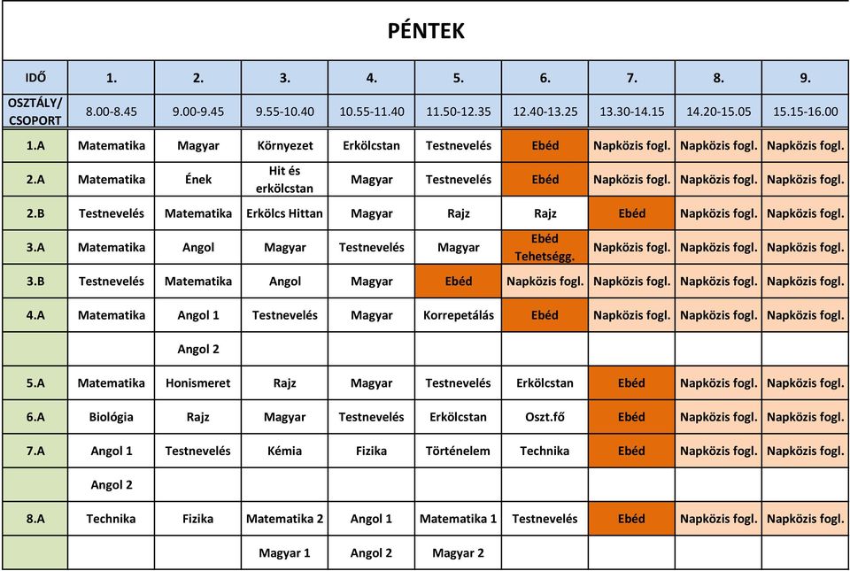 4.A Matematika Angol 1 Testnevelés Magyar 5.A Matematika Honismeret Rajz Magyar Testnevelés Erkölcstan Napközis fogl. Napközis fogl. 6.