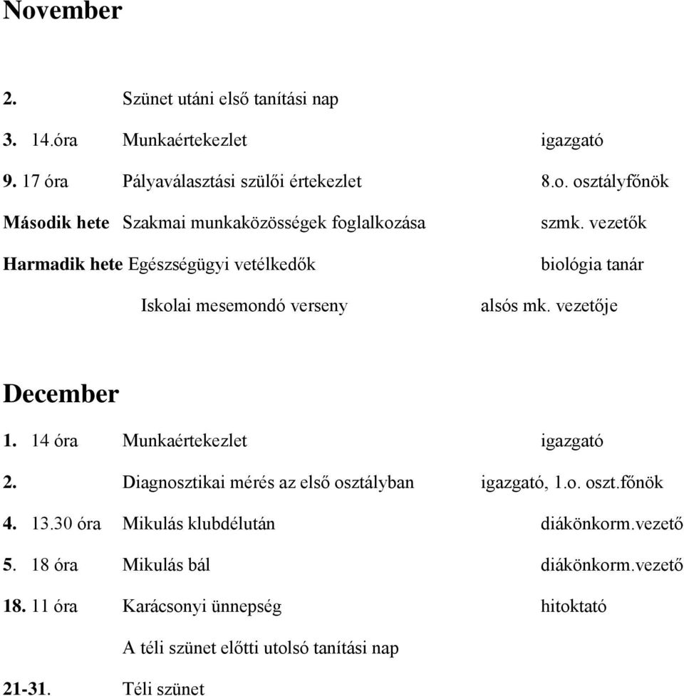 13.30 óra Mikulás klubdélután diákönkorm.vezető 5. 18 óra Mikulás bál diákönkorm.vezető 18.