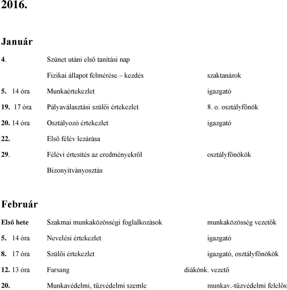 Félévi értesítés az eredményekről osztályfőnökök Bizonyítványosztás Február Első hete Szakmai munkaközösségi foglalkozások munkaközösség vezetők 5.