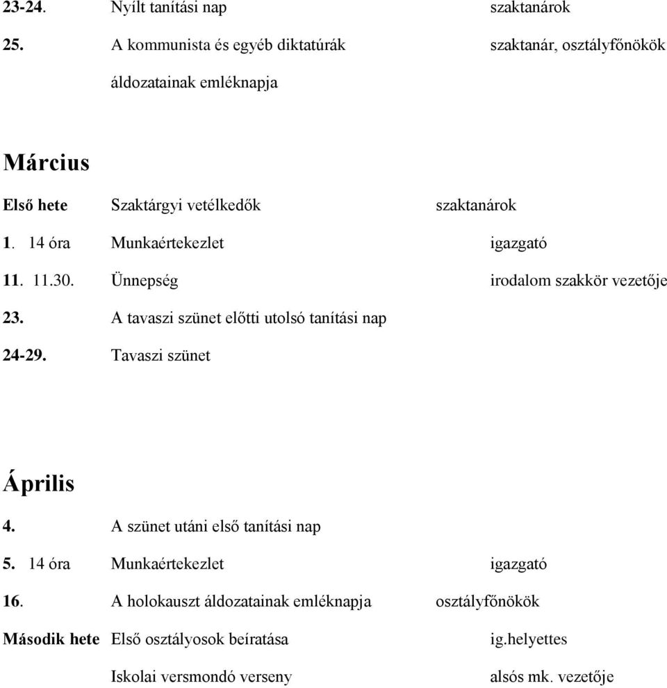 14 óra Munkaértekezlet igazgató 11. 11.30. Ünnepség irodalom szakkör vezetője 23. A tavaszi szünet előtti utolsó tanítási nap 24-29.