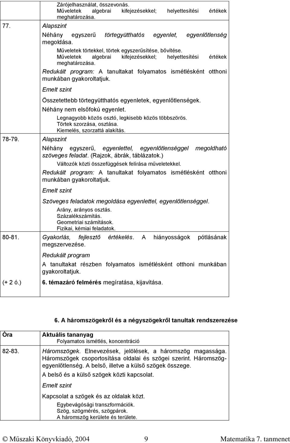 Redukált program: A tanultakat folyamatos ismétlésként otthoni munkában gyakoroltatjuk. 78-79. Alapszint Összetettebb törtegyütthatós egyenletek, egyenlőtlenségek. Néhány nem elsőfokú egyenlet.