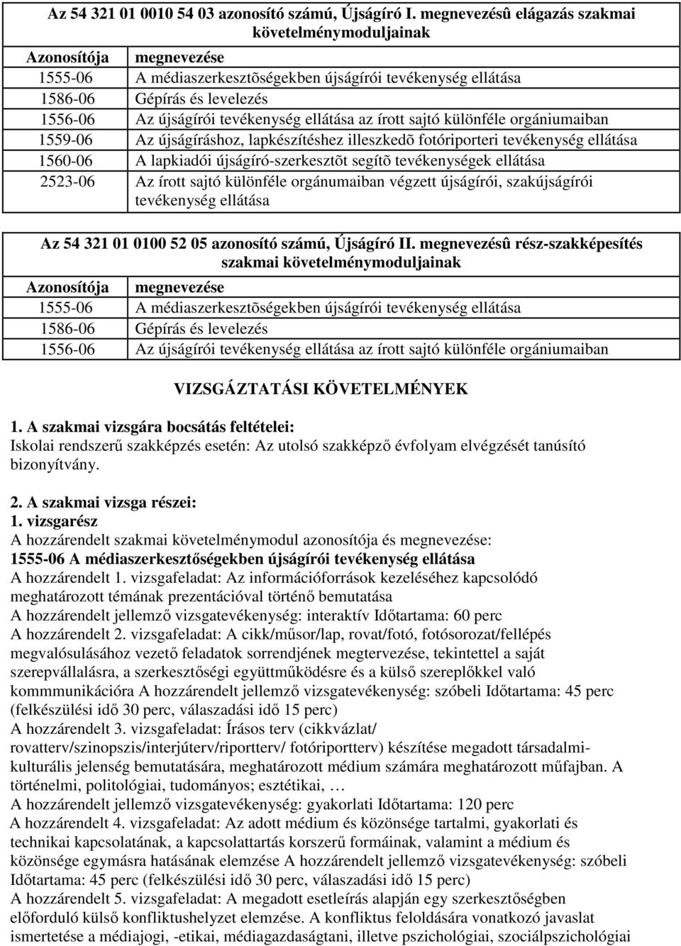 fotóriporteri tevékenység ellátása 1560-06 A lapkiadói újságíró-szerkesztõt segítõ tevékenységek ellátása 2523-06 Az írott sajtó különféle orgánumaiban végzett újságírói, szakújságírói tevékenység