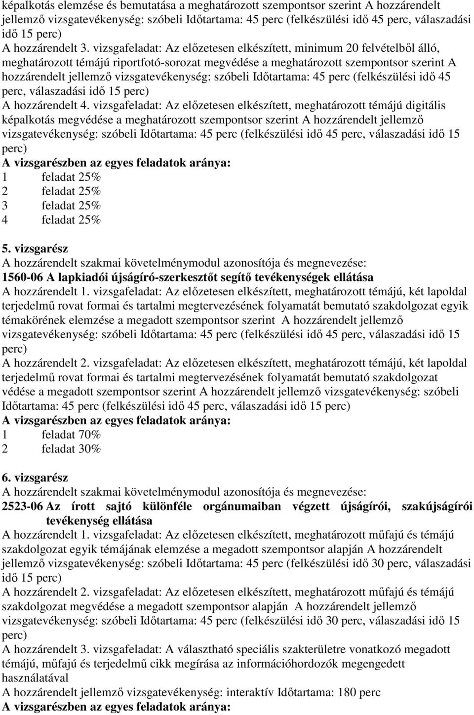 vizsgafeladat: Az előzetesen elkészített, minimum 20 felvételből álló, meghatározott témájú riportfotó-sorozat megvédése a meghatározott szempontsor szerint A hozzárendelt jellemző vizsgatevékenység: