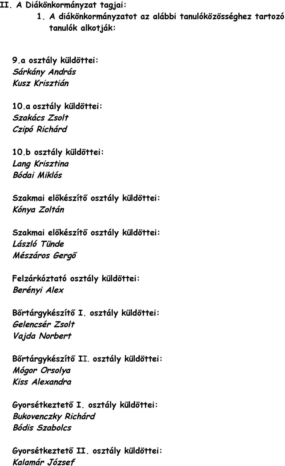 b osztály küldöttei: Lang Krisztina Bódai Miklós Szakmai előkészítő osztály küldöttei: Kónya Zoltán Szakmai előkészítő osztály küldöttei: László Tünde Mészáros Gergő