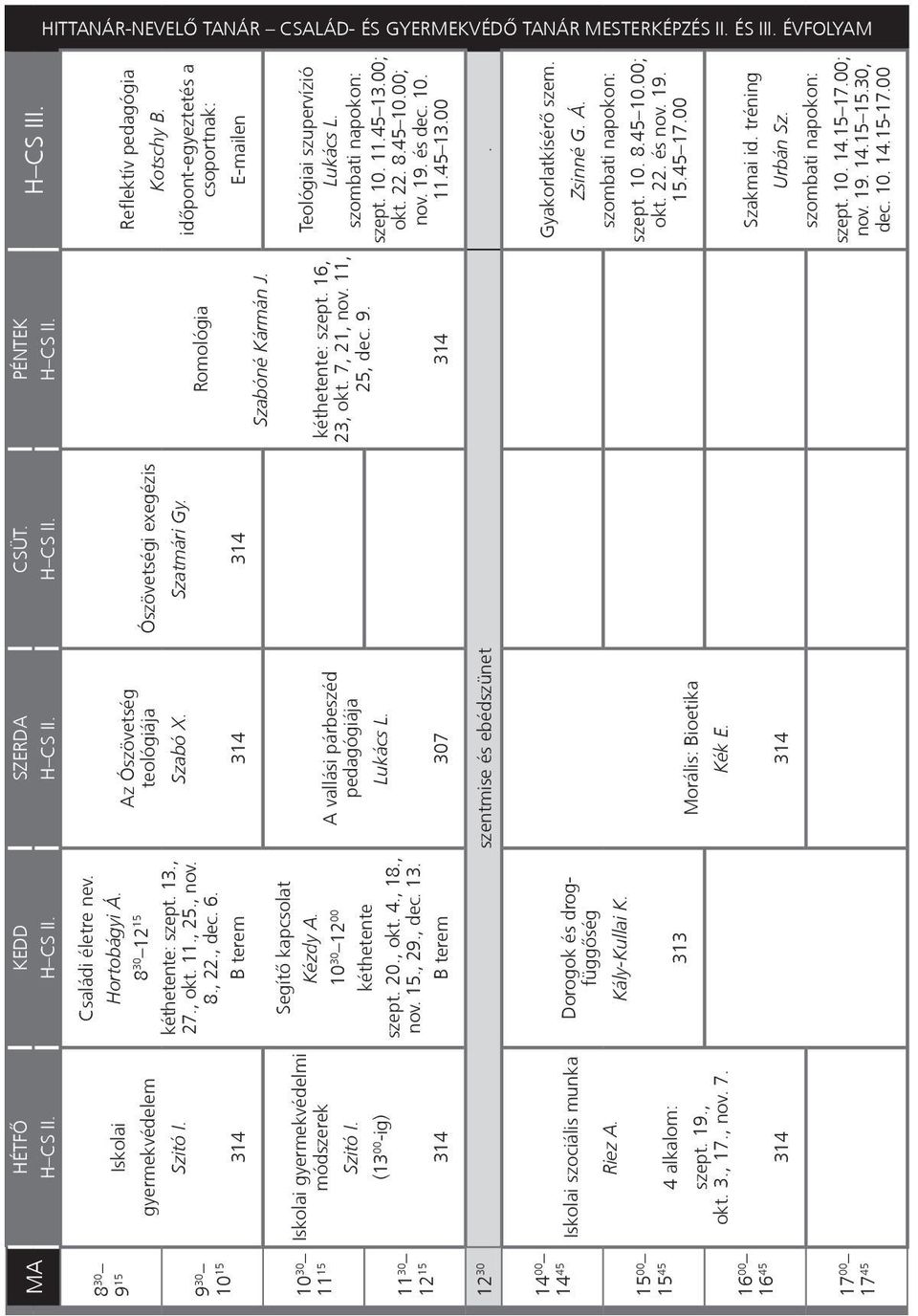 8 30 12 15 kéthetente: szept. 13., 27., okt. 11., 25., nov. 8., 22., dec. 6. Segítő kapcsolat 10 30 12 00 kéthetente szept. 20., okt. 4., 18., nov. 15., 29., dec. 13. Az Ószövetség teológiája A vallási párbeszéd pedagógiája Ószövetségi exegézis Romológia Szabóné Kármán J.