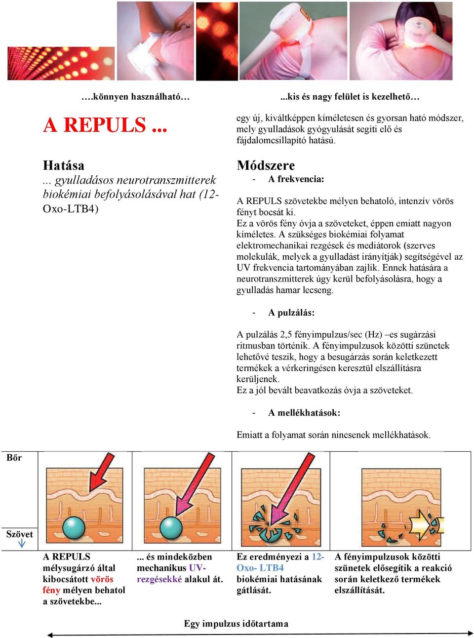 Módszere - A frekvencia: A REPULS szövetekbe mélyen behatoló, intenzív vörös fényt bocsát ki. Ez a vörös fény óvja a szöveteket, éppen emiatt nagyon kíméletes.