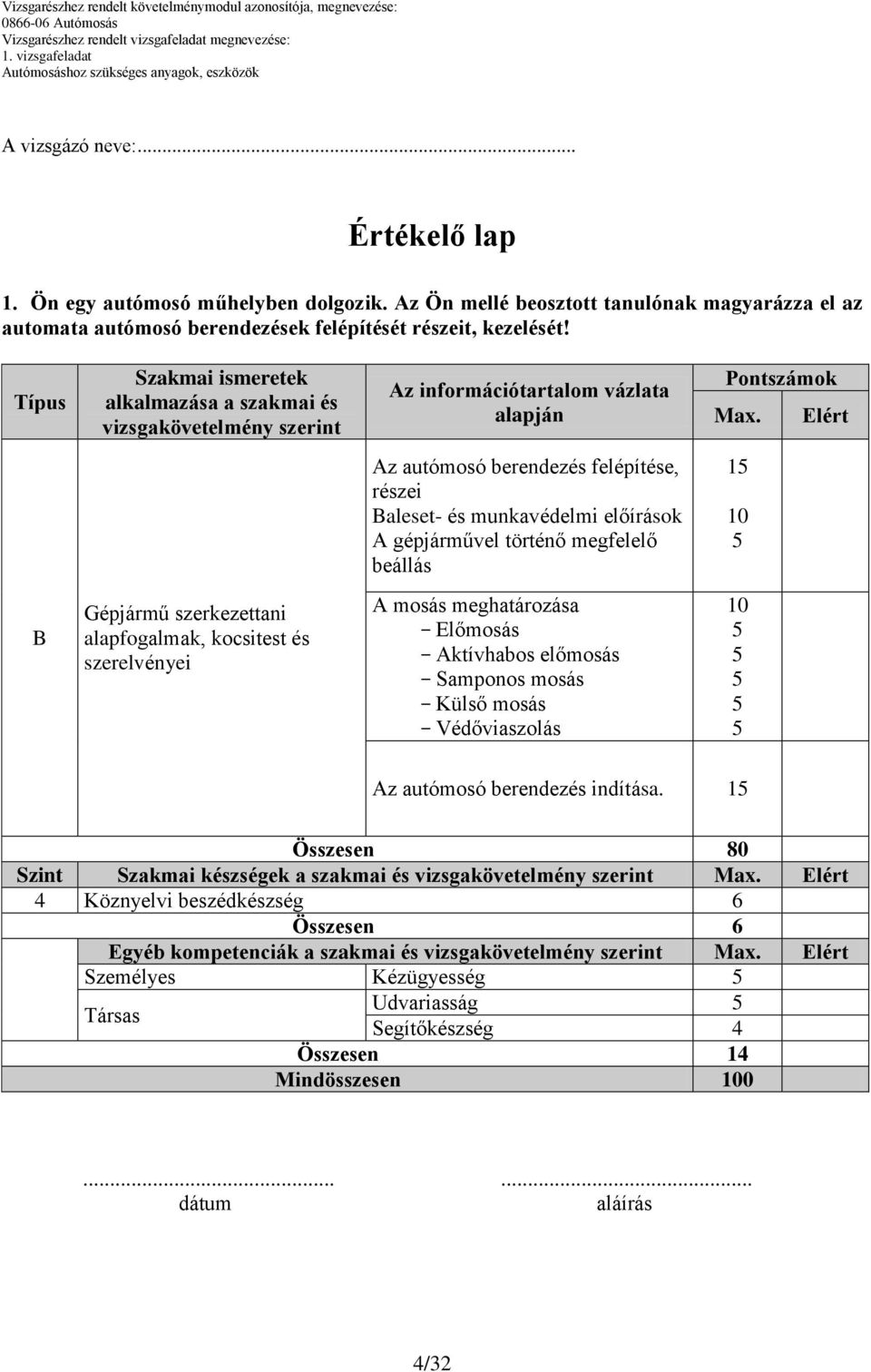 Elért Az autómosó berendezés felépítése, részei Baleset- és munkavédelmi előírások A gépjárművel történő megfelelő beállás 5 B Gépjármű szerkezettani alapfogalmak, kocsitest és szerelvényei A mosás