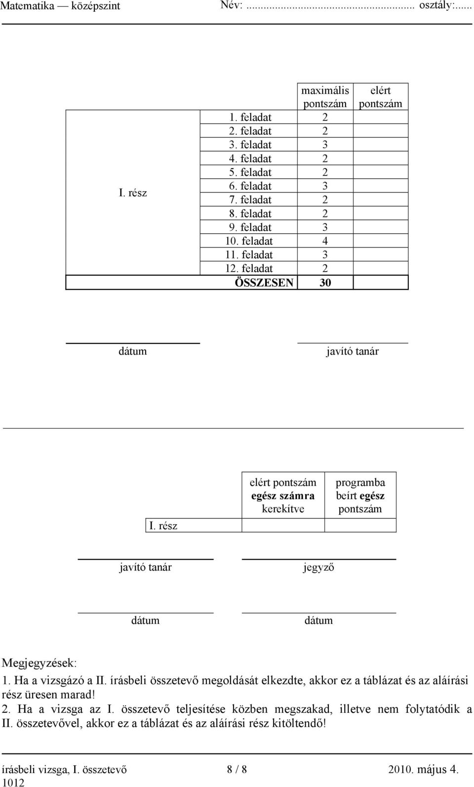 rész elért pontszám egész számra kerekítve programba beírt egész pontszám javító tanár jegyző dátum dátum Megjegyzések: 1. Ha a vizsgázó a II.