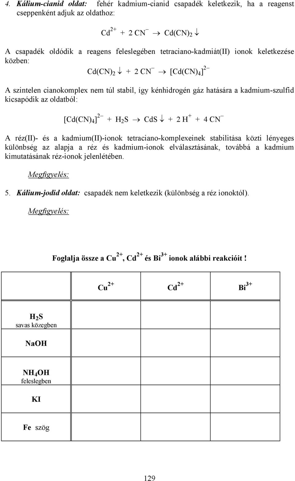 + + 4 CN A réz(ii)- és a kadmium(ii)-ionok tetraciano-komplexeinek stabilitása közti lényeges különbség az alapja a réz és kadmium-ionok elválasztásának, továbbá a kadmium kimutatásának réz-ionok