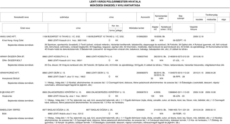 -10 26 Sportszer, sporteszköz (lovasbolt); 3 Textil (szövet, ruházati méteráru, háztartási textiltermék, lakástextília, alapanyagai és eszközei); 38 Fotócikk; 39 Optikai cikk; 4 Ruházat (gyermek,