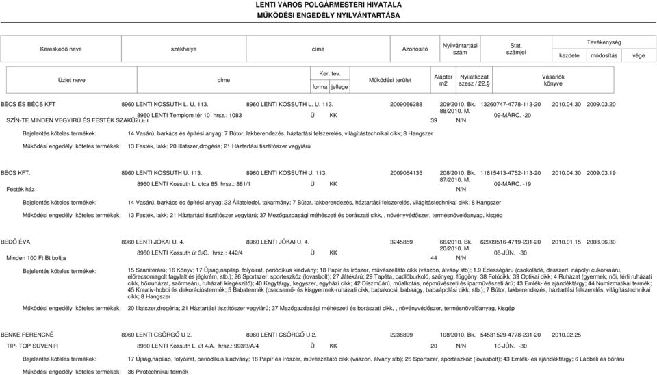 -20 14 Vasárú, barkács és építési anyag; 7 Bútor, lakberendezés, háztartási felszerelés, világítástechnikai cikk; 8 Hangszer 13 Festék, lakk; 20 Illatszer,drogéria; 21 Háztartási tisztítószer