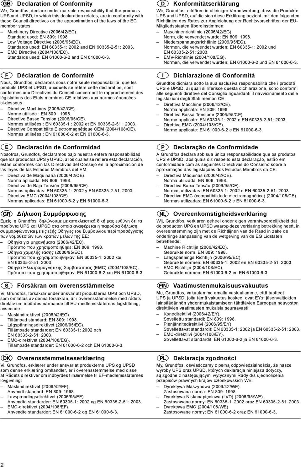Standards used: E 60335-1: 2002 and E 60335-2-51: 2003. EMC Directive (2004/108/EC). Standards used: E 61000-6-2 and E 61000-6-3.