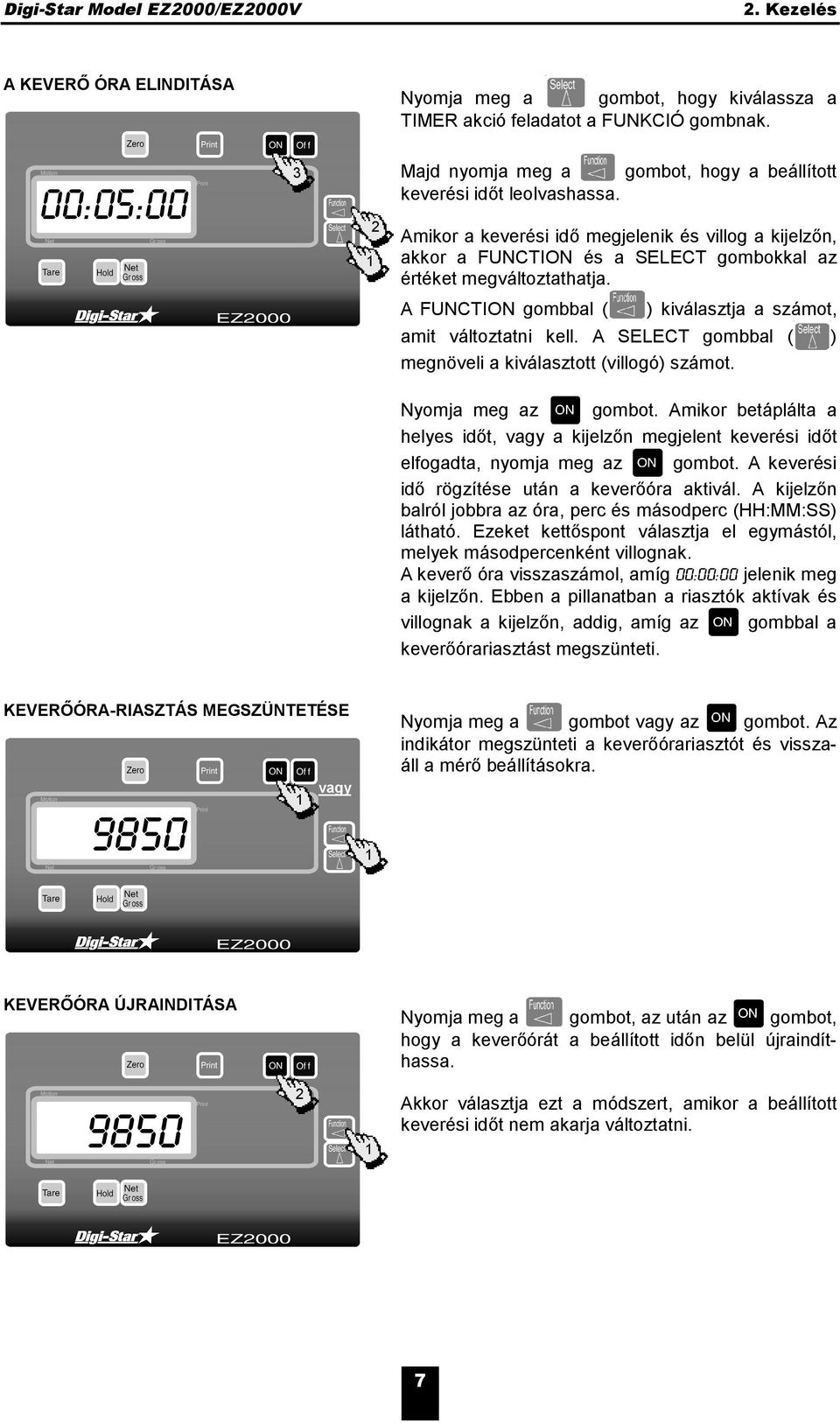 A SELECT gombbal ( ) megnöveli a kiválasztott (villogó) számot. Nyomja meg az gombot. Amikor betáplálta a helyes időt, vagy a kijelzőn megjelent keverési időt elfogadta, nyomja meg az gombot.