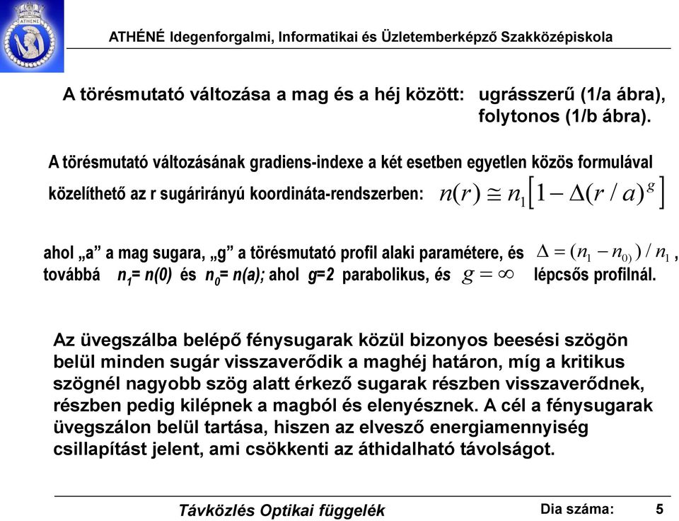 profil alaki paramétere, és ( n1 n0) ) / n1, továbbá n 1 = n(0) és n 0 = n(a); ahol g=2 parabolikus, és g lépcsős profilnál.