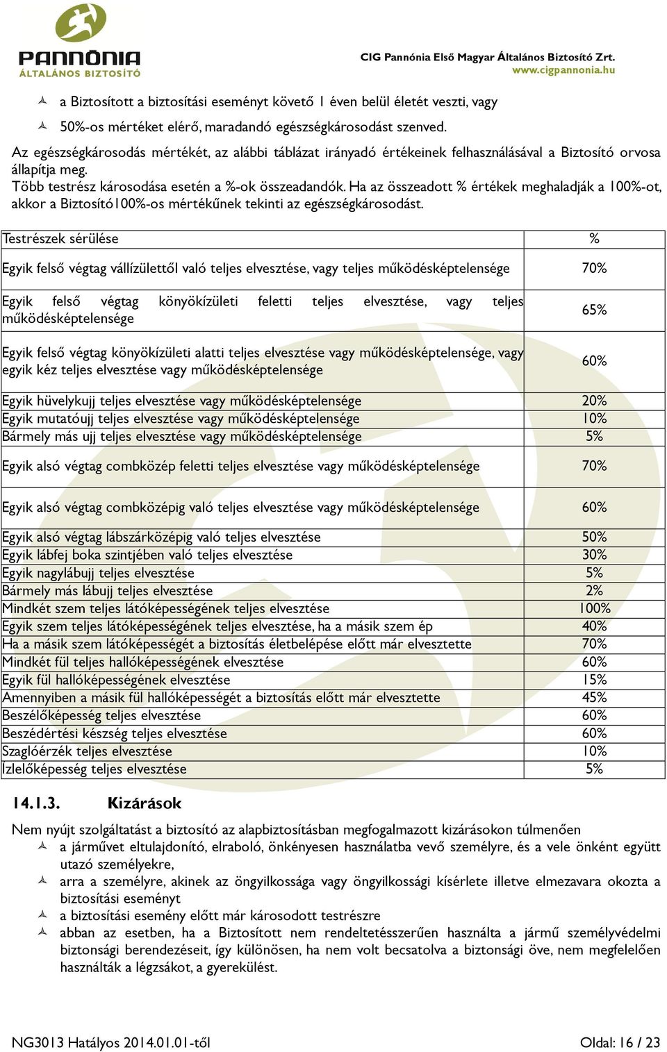 Ha az összeadott % értékek meghaladják a 100%-ot, akkor a Biztosító100%-os mértékűnek tekinti az egészségkárosodást.