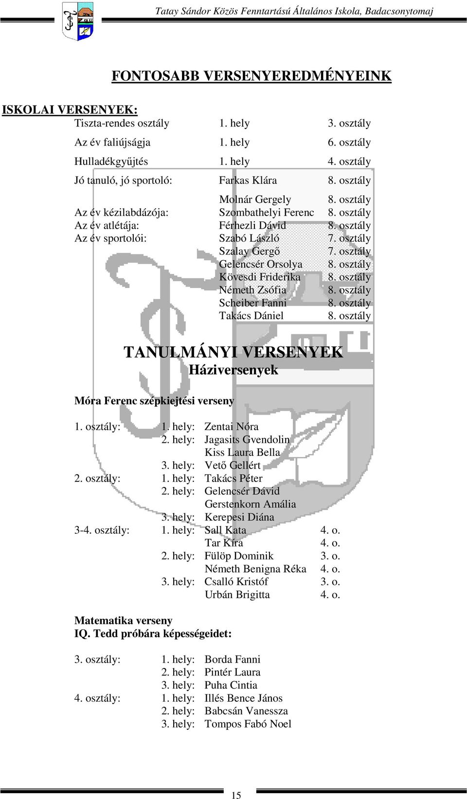 osztály Az év atlétája: Férhezli Dávid 8. osztály Az év sportolói: Szabó László 7. osztály Szalay Gergő 7. osztály Gelencsér Orsolya 8. osztály Kövesdi Friderika 8. osztály Németh Zsófia 8.
