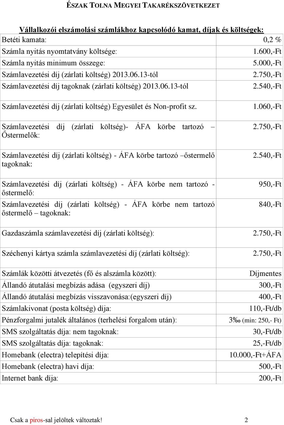 Számlavezetési díj (zárlati költség)- ÁFA körbe tartozó Őstermelők: Számlavezetési díj (zárlati költség) - ÁFA körbe tartozó őstermelő tagoknak: Számlavezetési díj (zárlati költség) - ÁFA körbe nem