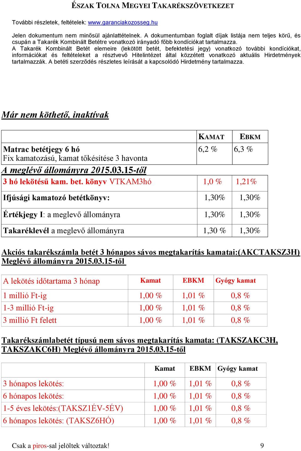 A Takarék Kombinált Betét elemeire (lekötött betét, befektetési jegy) vonatkozó további kondíciókat, információkat és feltételeket a résztvevő Hitelintézet által közzétett vonatkozó aktuális